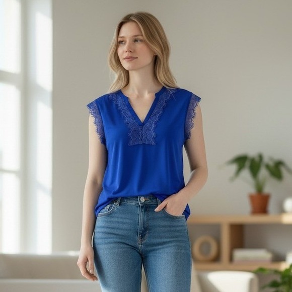 Worthington Tops - Worthington Blouse Women Large Royal Blue Lace Trim V-Neck Mixed Media Office